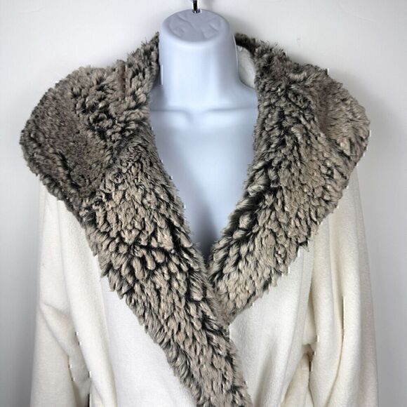 Vegan Pottery Barn Spa Comfy Faux Fur Wrap Around Tie Fleece Robe w Hood, Sz. L - Picture 4 of 11